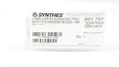 Synthes 201.757 2.4mm Cortex Screw Self-Tapping W/T8 Stardrive Recess 7mm